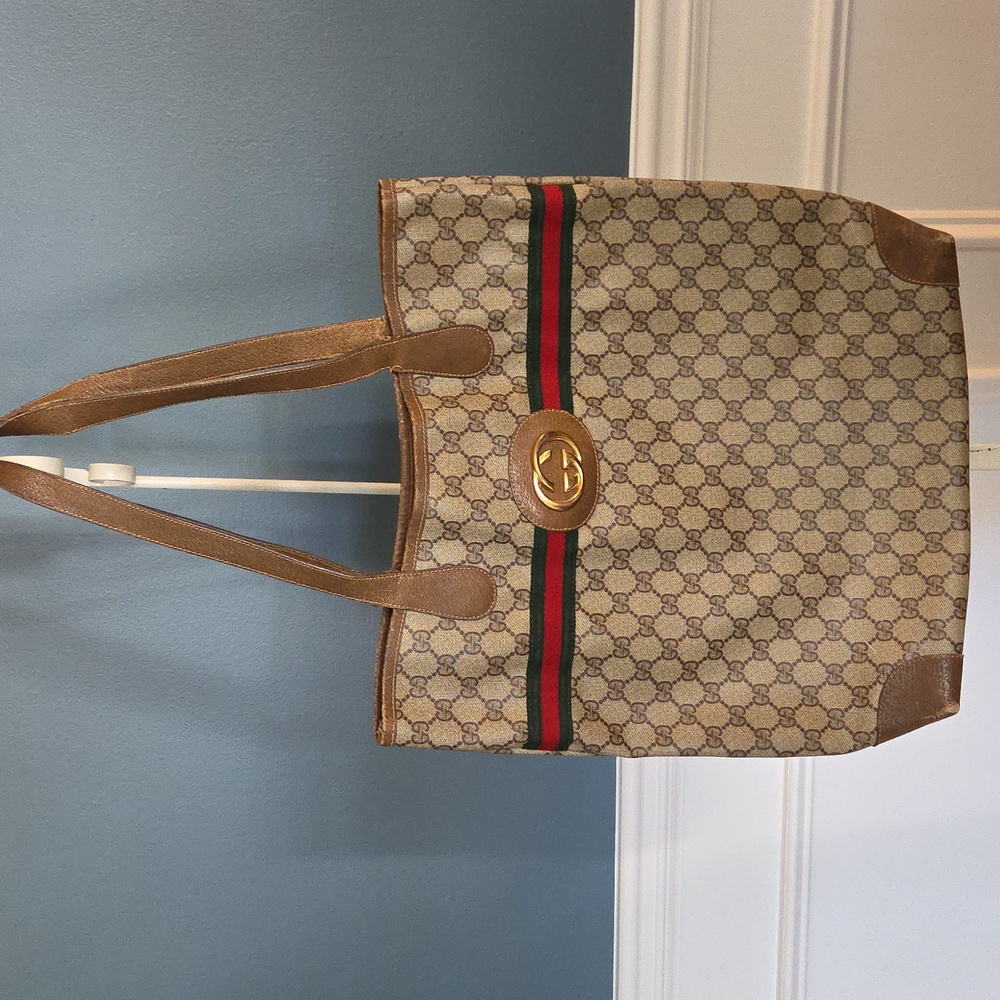 Gucci Ophidia Brown Monogram Tote Bag Beige and Brown Tote with Gold Emblem